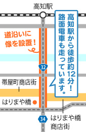 高知駅からはりまや橋までの地図（徒歩約12分）